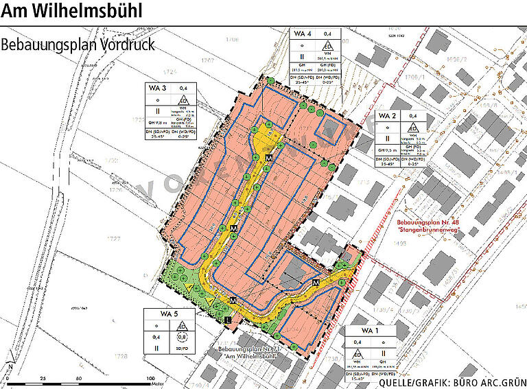 Der vorläufige Planentwurf des geplanten Baugebiets 'Am Wilhelmsbühl' in Kitzingen.