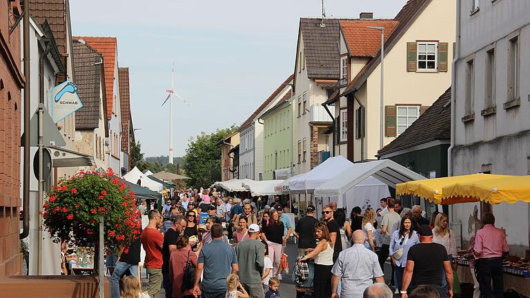 Auf dem Neubrunner Michaelismarkt eroberten sich Fußgänger die sonst viel befahrene Hauptstraße zurück.