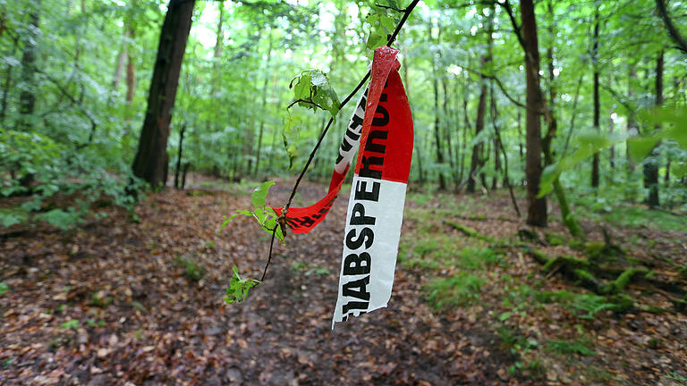 Fundstelle Entführungsopfer       -  ARCHIV - 18.06.2015, Bayern, Kist: Reste von Absperrbändern der Polizei liegen in einem Wald bei Kist (Bayern). In dem Waldstück wurde ein entführter 50-jähriger Mann aufgefunden. Der Unternehmer Würth zählt zu den reichsten Deutschen. Jetzt wurde sein Sohn entführt, später aber in dem Wald wohlbehalten gefunden. Lösegeld soll nicht geflossen sein. (zu dpa «Tatverdächtiger nach Entführung von Milliardärssohn festgenommen» vom 14.03.2018) Foto: Karl-Josef Hildenbrand/dpa +++(c) dpa - Bildfunk+++ | Verwendung weltweit