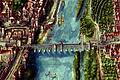Stadtansicht von Kitzingen und der Alten Mainbrücke von 1628. Die historischen Aufbauten auf der Brücke sind noch gut zu erkennen, ebenso die damals noch vollständigen Brückenbogen. Das Gemälde stammt vom Kitzinger Bürger und Maler Georg Martin.