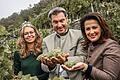 Die Eröffnung der Weinlese gehört zu den Pflichtterminen einer Fränkischen Weinkönigin. Im Bild Eva Brockmann mit Ministerpräsident Markus Söder und Landwirtschaftsministerin Michaela Kaniber in den Weinbergen bei Zeil am Main.&nbsp;