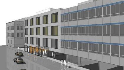 Ein Neubau der SWG soll - Ein Neubau der SWG soll die Front zwischen Dekanatszentrum (rechts)
und Musikschule schließen. PLANSKIZZE: SWG Ein Neubau der SWG soll - Ein Neubau der SWG soll die Front zwischen Dekanatszentrum (rechts)
und Musikschule schließen. PLANSKIZZE: SWG