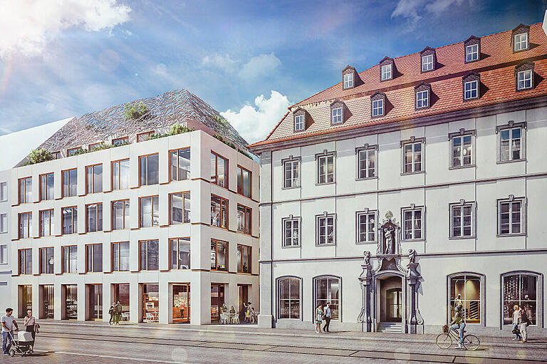 Links der Entwurf für einen Neubau in der Lücke neben dem 'Wüstefeldhaus' in der Theaterstraße 4.