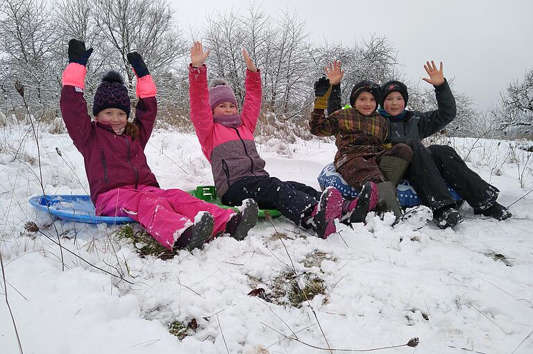 Schlittenspaß im Steigerwald: Spaß beim Rodeln hatten Paulina, Laura, Florian und Clemens im Geiselwinder Ortsteil Ebersbrunn.