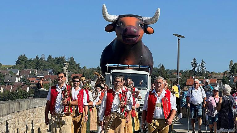 Angeführt von den Thierbach-Musikanten aus Eichelsee zog die 'Ochsenparade' zum Auftakt des Ochsenfests in der Ochsenfurter Altstadt ein.