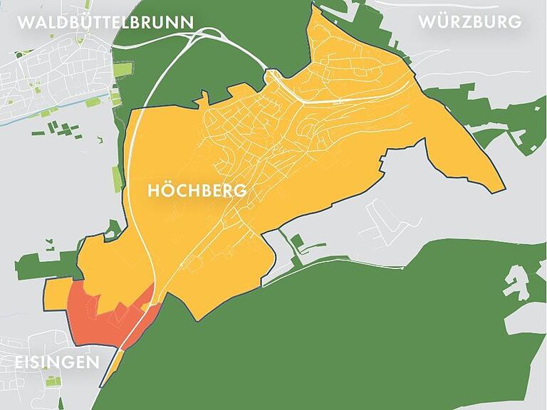 Die beplanten ehemaligen Südzucker-Flächen (orange) innerhalb Höchberger Gemarkung (gelb). Im südlichen Eck zwischen Eisingen und der B 27 liegen Teile des Areals in Eisinger Gemarkung.