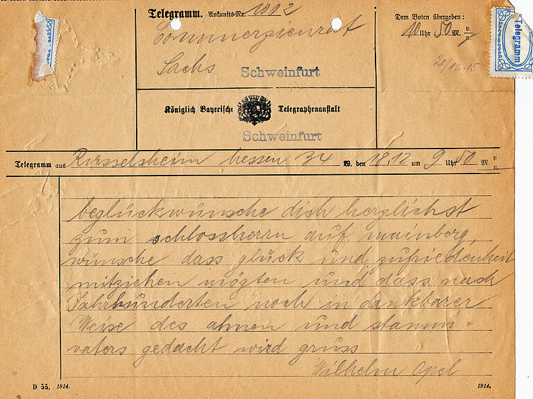 Dieses Glückwunsch-Telegramm schrieb Wilhelm von Opel an Ernst Sachs zum Erwerb von Schloss Mainberg. Dieses Glückwunsch-Telegramm schrieb Wilhelm von Opel an Ernst Sachs zum Erwerb von Schloss Mainberg. 