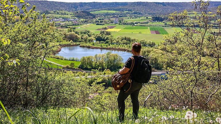 Jonas Pfeuffer aus der Redaktion Haßberge schaut von den Weinbergen auf die umliegende Landschaft.