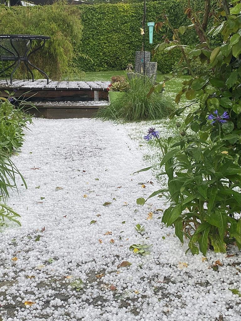 Auch dieses Leserfoto zeigt die Auswirkungen des Unwetters im Landkreis Haßberge. Werner Lambach aus Rügheim hat das Bild in seinem Garten aufgenommen, der voll war mit Hagelkörnern.