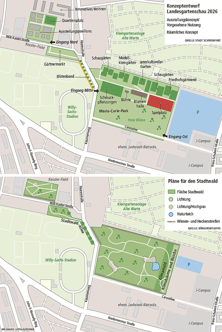 Diese beiden Konzepte für Bürgerpark mit Landesgartenschau (oben) und Stadtwald (unten) in den Ledward-Kasernen und auf dem Kessler Field standen bei den Bürgerentscheiden zur Wahl. Sie wurden beide mehrheitlich abgelehnt.