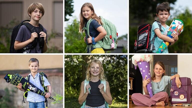 Sie alle starten mit Schulbeginn in ein neues Kapitel (links oben, von links nach rechts): Leopold (10), Henni (9), Levi (6). Unten (von links nach rechts): Johann (6), Ella (11) und Mathilda (6).