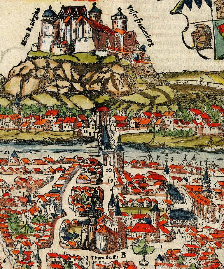 Dom, Domstraße und Mainbrücke mit zwei Türmen in frühester Darstellung 1552.