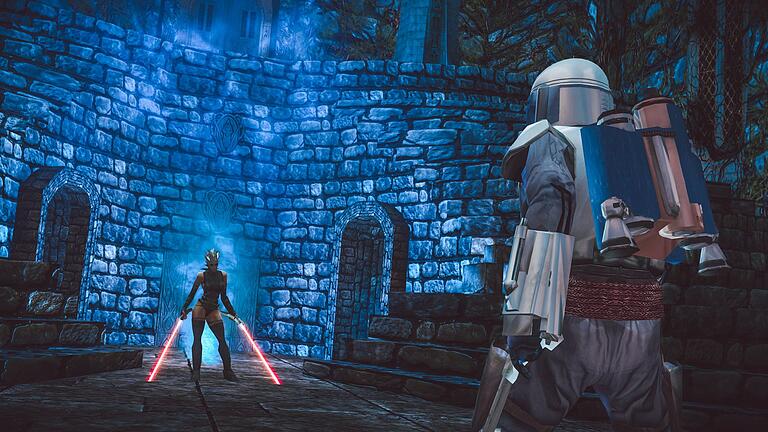 Screenshot vom Spiel „Star Wars: Bounty Hunter” - Es kommt zum Showdown: Jango Fett jagt eine dunkle Jedi. Screenshot vom Spiel „Star Wars: Bounty Hunter” - Es kommt zum Showdown: Jango Fett jagt eine dunkle Jedi.
