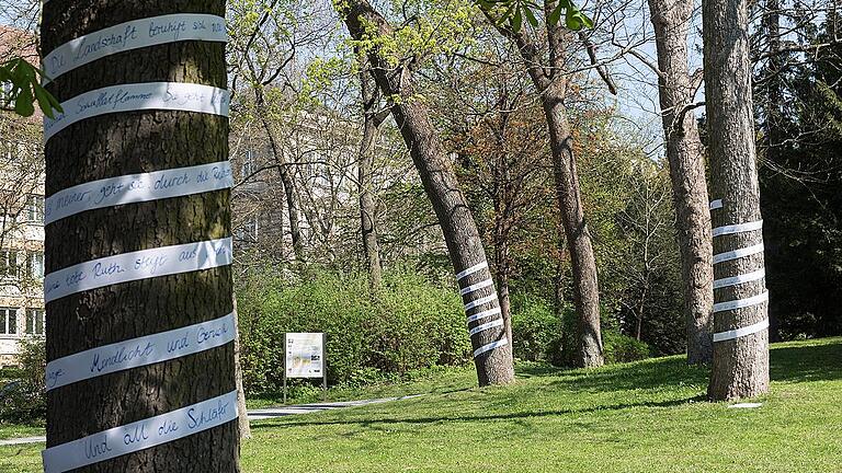 Lyrik an Bäumen: Um mehrere Baumstämme haben die Schüler Papierbänder gewickelt, auf die sie Amichai-Gedichte geschrieben haben. Lyrik an Bäumen: Um mehrere Baumstämme haben die Schüler Papierbänder gewickelt, auf die sie Amichai-Gedichte geschrieben haben.