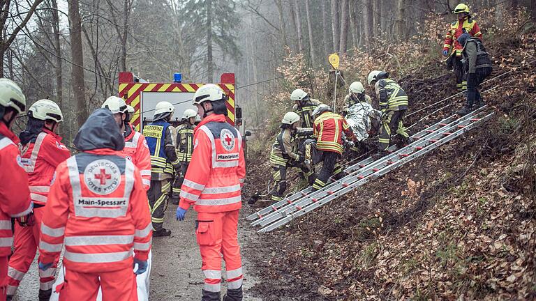 40 Einsatzkräfte der Wehren Habichsthal und Wiesthal übten bei einer gemeinsamen Großübung mit dem BRK und dem BaySf die Rettung verunfallter Forstarbeiter mittels Seilwinde.