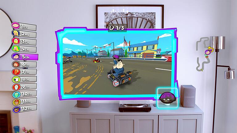 Apple Arcade Warped Kart Racers       -  Bei dem Spiel &bdquo;Warped Kart Racers&rdquo; lenkt man einen Rennwagen mit Hilfe eines imaginären Lenkrads.