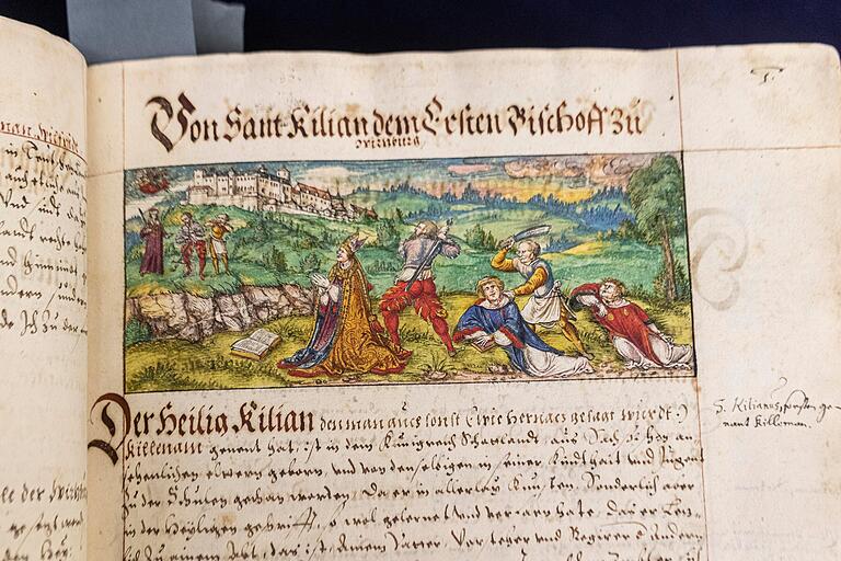 Ermordung Kilians: Miniatur aus dem sog. Echter-Exemplar der Fries-Chronik aus dem 16. Jahrhundert (UB Würzburg M.ch.f. 760). Ermordung Kilians: Miniatur aus dem sog. Echter-Exemplar der Fries-Chronik aus dem 16. Jahrhundert (UB Würzburg M.ch.f. 760).
