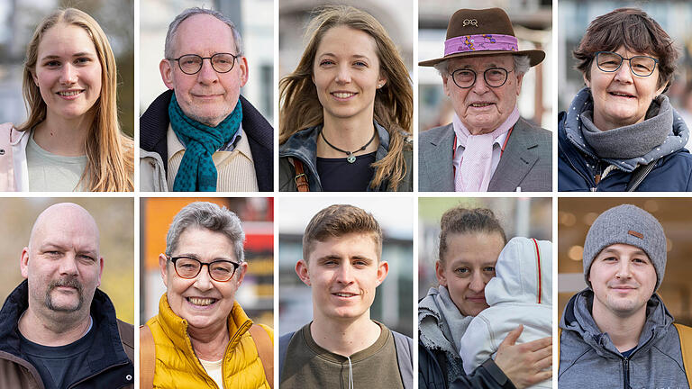 Julia Roth, Peter Wolfrum, Kim Holzmann, Klaus Kalthoff, Birgit Schwanfelder, Felix Schmidt, Cornelia Heidemann, Jonas Scholl, Jacqueline Stähler und Martin Kurz (von links oben nach rechts unten) sagen, was sie vom Straßenbahnstreik in Würzburg halten.&nbsp;