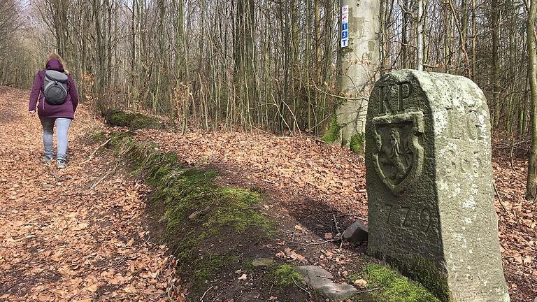 Auf dem Weg zum Aussichtsturm auf der Anhöhe Große Haube findet man diese alten Grenzsteine. Sie markieren noch heute die Grenze zwischen Bayern und Hessen.