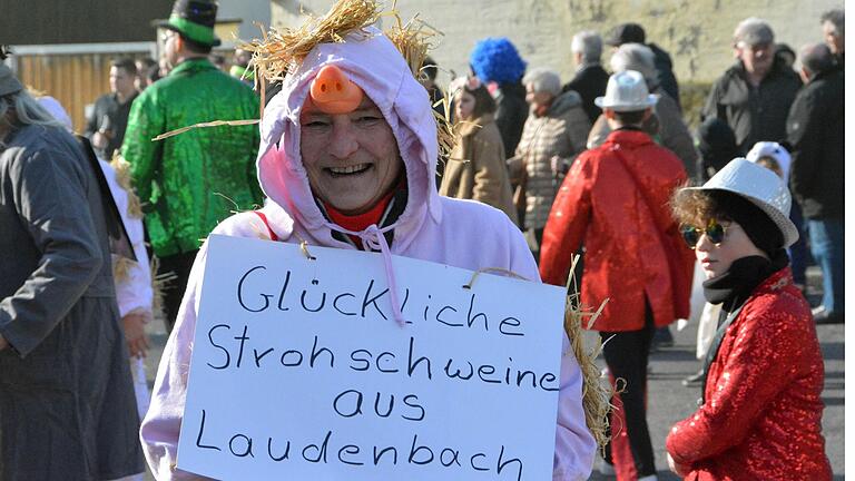 Glückliche Strohschweine beim Faschingszug in Laudenbach.