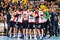 Der ThSV Eisenach mit den ehemaligen Rimparer Wölfen Philipp Meyer (links im Kreis) und Max Brustmann (rechts in Grün) steigt nach seinem knappen Sieg in Coburg in die Erste Handball-Bundesliga auf.