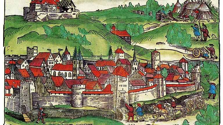 Die Aufständischen beschießen die Marienburg über Würzburg.