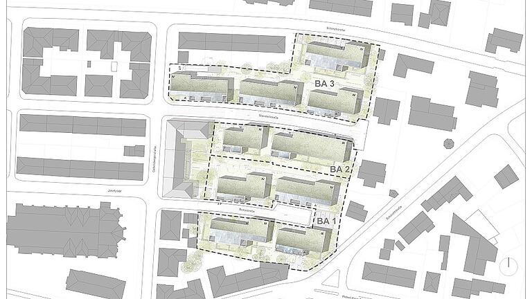 Die Stadtbau reißt zehn Häuser in Grombühl ab und wird das das sogenannte Bossiviertel errichten. Grafik: Florian Krieger Architekten