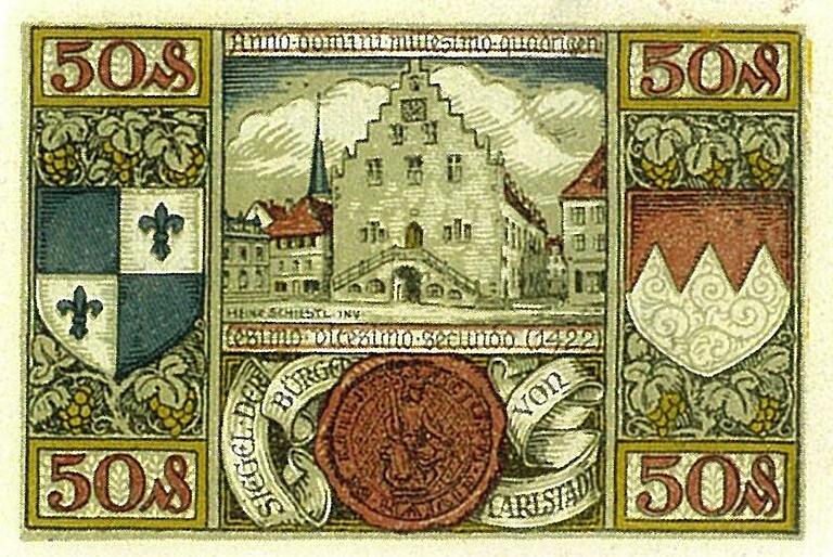 Das Notgeld der Stadt Karlstadt im Wert von 50 Pfennig, gestaltet von Heinz Schiestl. Der Geldschein zeigt das Alte Rathaus.
