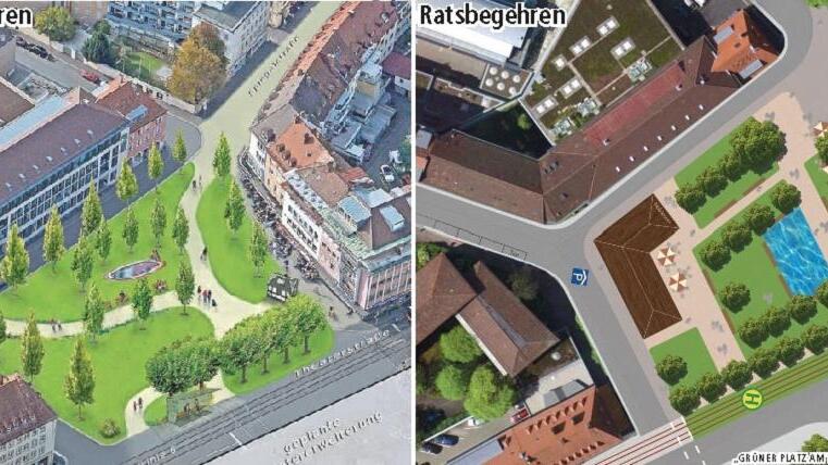 Zwei Varianten für den heutigen Parkplatz Kardinal-Faulhaber-Platz: Das Bürgerbegehren will (links) vor dem Theater einen Park. Die Stadt plant einen teils bebauten, teils begrünten Platz, unter dem eine Tiefgarage ist.