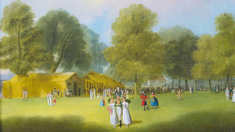 Ein Ölgemälde aus den Jahren nach 1804 von der Künstlerin Katharina Geiger gewährt einen Eindruck, wie eines der ersten Vogelschuss-Volksfeste ausgesehen haben könnte. Ein Ölgemälde aus den Jahren nach 1804 von der Künstlerin Katharina Geiger gewährt einen Eindruck, wie eines der ersten Vogelschuss-Volksfeste ausgesehen haben könnte.