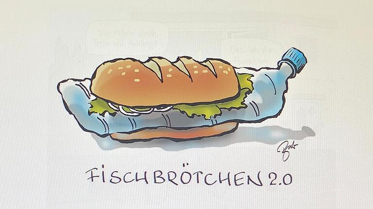 'Fischbrötchen 2.0' lautet der Titel dieses Cartoons von Frank Bahr, der auch im Museum Obere Saline zu sehen ist.