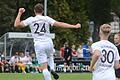 Abgehoben: Sebastian Fries (links) vom TSV Karlburg bejubelt seinen 1:0-Führungstreffer gegen den TSV Großbardorf. Weiter im Bild: sein Teamkollege Marco Kunzmann (rechts).