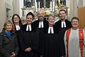 Gemeinsames Reformationsgedenken im Grabfeld. Auf dem Bild sind von links zu sehen Vertrauensfrau des Kirchenvorstands Gerda Lipfert, Pfarrerin Beate Hofmann-Landgraf, Pfarrerin Julia Mucha, Pfarrer Lutz Mertten, Pfarrerin Tina Mertten, Pfarrer Florian Mucha, Diakonin Cornelia Dennerlein.
