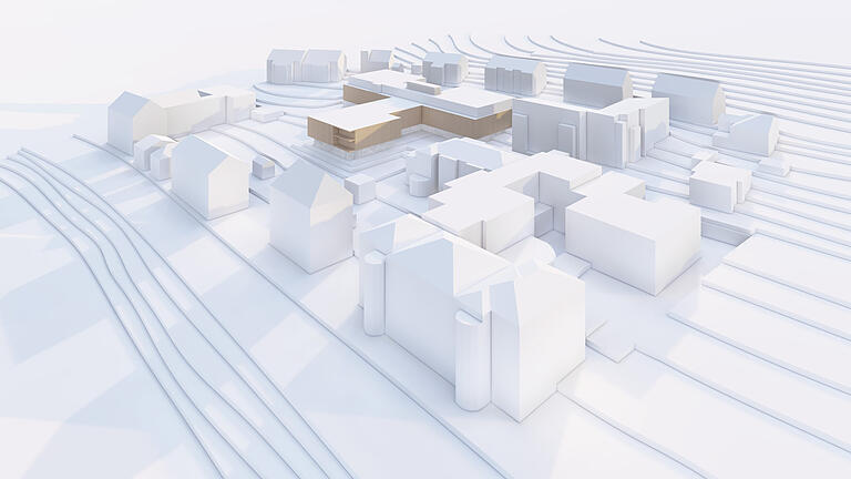 Der Entwurf für den Neubau des Kreisseniorenzentrums in Gemünden. Zur Orientierung: Das Gebäude ganz links im Bild ist das Amtsgericht.