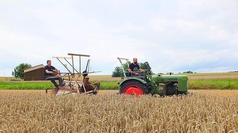 Getreideernte wie anno dazumal mit  den 'Stalldorfer Dreschbuam.' Florian Blassauer auf dem betagten Traktor und Daniel Lutz auf dem museumsreifen Mähbinder.