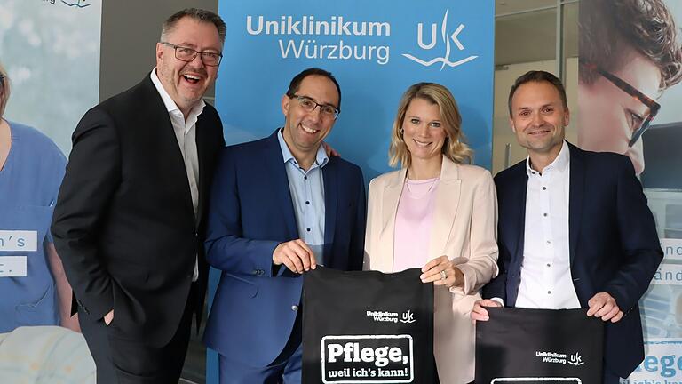UKW-Pflegedirektor Marcus Huppertz, Stefan Rehberger, Projektleiter und Klinikpflegedienstleitung, Lena Ossiander, Leiterin der Stabsstelle Marketing, und Matthias Uhlmann, stellvertretender Pflegedirektor (von links), freuen sich über den Start der Kampagne. UKW-Pflegedirektor Marcus Huppertz, Stefan Rehberger, Projektleiter und Klinikpflegedienstleitung, Lena Ossiander, Leiterin der Stabsstelle Marketing, und Matthias Uhlmann, stellvertretender Pflegedirektor (von links), freuen sich über den Start der Kampagne.
