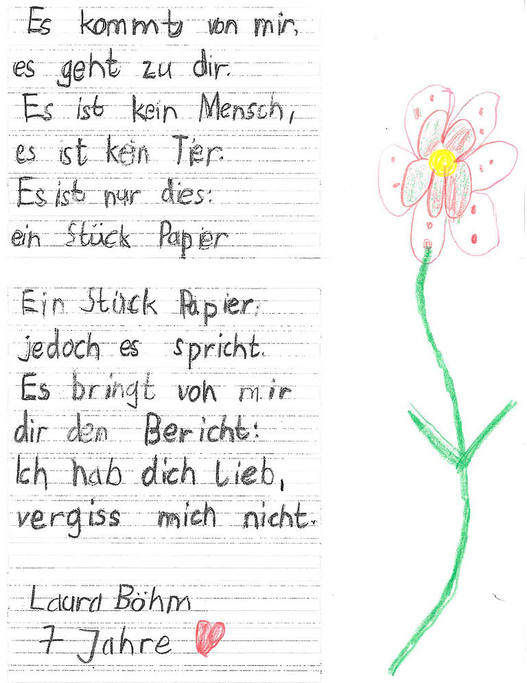 Die siebenjährige Laura Böhm aus Eßleben (Lkr. Schweinfurt) sendet ihrer Mutter florale Grüße und ein Gedicht.