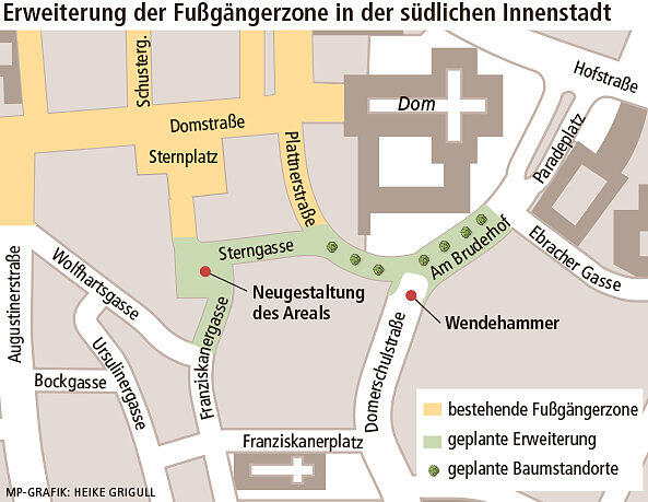 Gegen die geplante Erweiterung der Fußgängerzone um Sterngasse, Am Bruderhof und Plattnerstraße gibt es Widerstand. Foto: Grafik Main-Post Gegen die geplante Erweiterung der Fußgängerzone um Sterngasse, Am Bruderhof und Plattnerstraße gibt es Widerstand. Foto: Grafik Main-Post