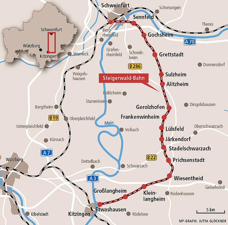 Die Strecke der Steigerwaldbahn von Kitzingen-Etwashausen nach Schweinfurt.