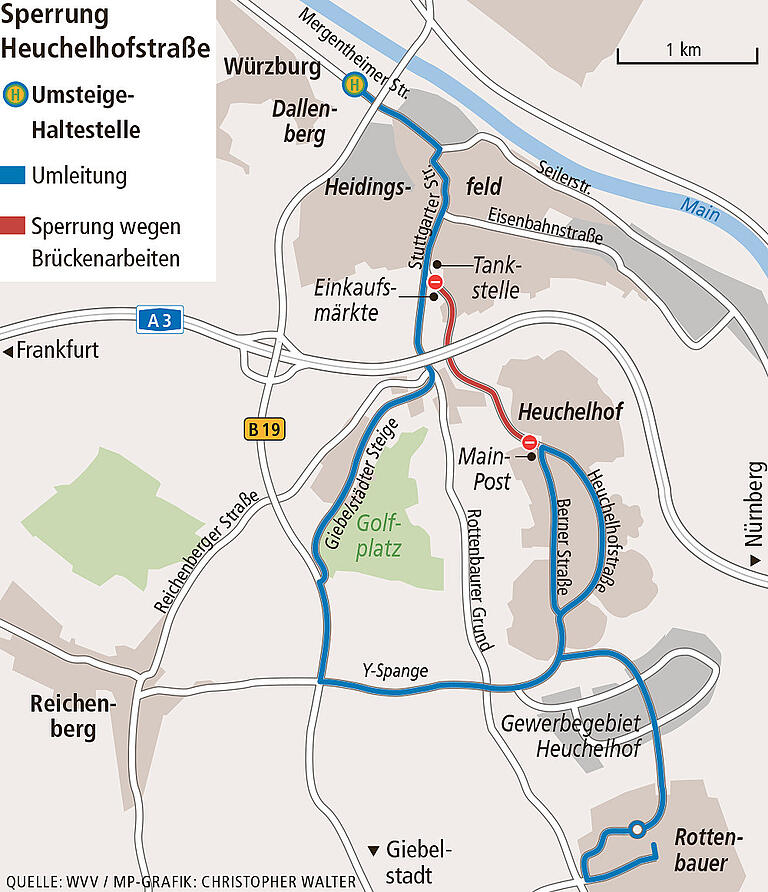 So fahren die Busse während der Sperrung der Heuchelhofstraße an den kommenden beiden Sonntagen und während der Osterfereien wegen der Bauarbeiten an der A3 Brücke über der Straße. Die Straßenbahnen verkehren dann nicht.