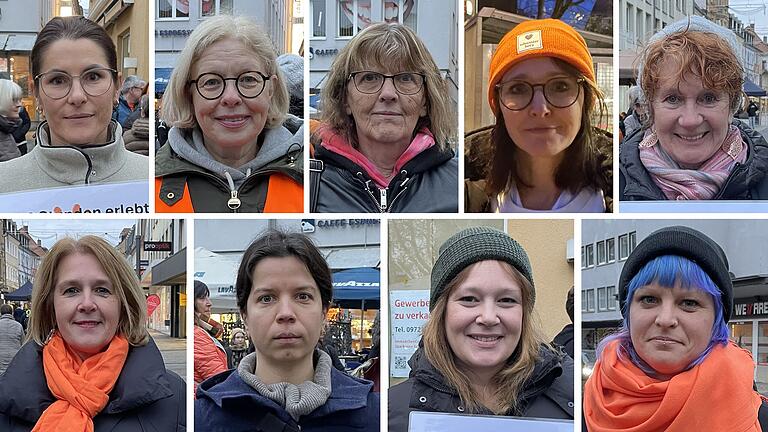 Neun Frauen erzählen, warum sie am Internationalen Tag gegen Gewalt an Frauen in Schweinfurt auf die Straße gegangen sind. Oben (von links): Alona Isheim, Heike Meissner, Kathi Petersen, Daniela Schwarz, Charlotte Wolf. Unten (von links): Martina Gießübel, Johanna Häckner, Gloria Mac Lachlan und Lisa Unger.