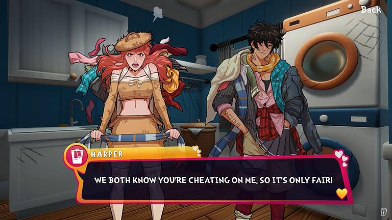 Screenshot aus dem Spiel Date Everything       -  In Date Everything erwachen alltägliche Gegenstände zum Leben - wie Harper, ein Wäschekorb.