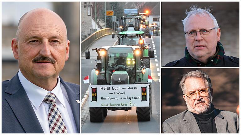 Den Unmut der Landwirtinnen und Landwirte über die Bundespolitik spüren auch Main-Spessarter Vertreter der Ampelparteien wie Bernd Rützel (SPD, links), Gerhard Kraft (Grüne, rechts oben) und Werner Jannek (FDP, rechts unten).