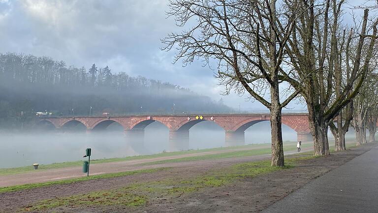 Nebel lag dieser Tage über dem Main in Marktheidenfeld. Die alte Mainbrücke gilt wie die sehr ähnlich gebaute Brücke in Lohr als Nadelöhr der Mainschifffahrt.