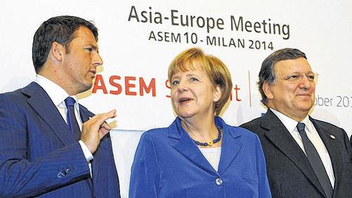 Beginn des Asem-Gipfels: Bundeskanzlerin Angela Merkel, Italiens Premierminister Matteo Renzi (links) und EU-Kommissionspräsident José Manuel Barroso am Donnerstag in Mailand.