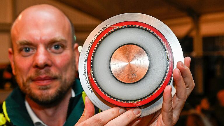 TransnetBW-Specher Alexander Schilling mit einem Schnitt durch das Kabel, das ab Ende 2028 bis zu zwei Gigawatt Strom zwischen Brunsbüttel und Heilbronn transportieren soll.&nbsp;