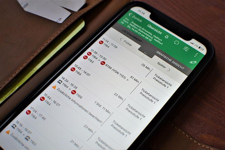 Der Blick in die VGN-App zeigt den zukünftigen Fahrplan von Prappach zum Haßfurter Bahnhof  – wie hier am 14. September 2023.