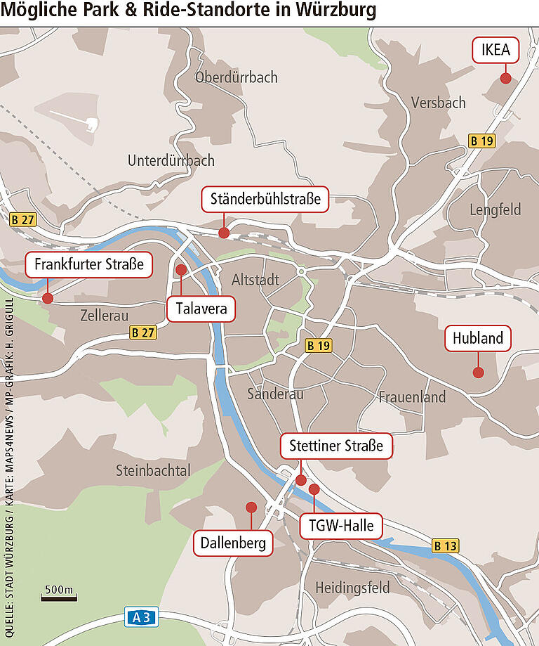 Mögliche Standorte für P&R-Parkplätze in Würzburg. Mögliche Standorte für P&R-Parkplätze in Würzburg.