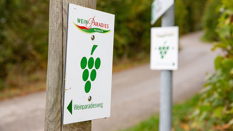 Wanderung am Bullenheimer Berg: Zuerst dem Weinparadiesweg folgen.