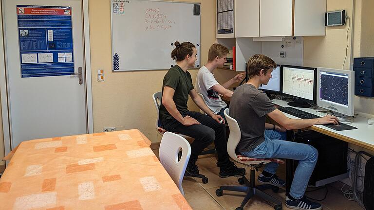 Drei Schüler des Projekts bei der Auswertung von Messdaten der Sternwarte. Drei Schüler des Projekts bei der Auswertung von Messdaten der Sternwarte.